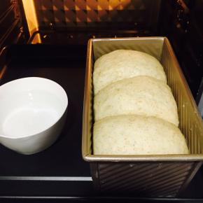 发酵至八分满！盖上土司盖，最底层，160度30分钟。