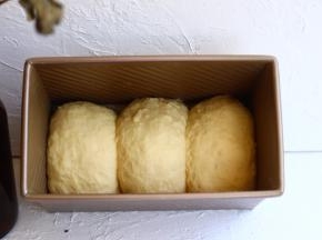 分割成三份,分别放入学厨不沾金色波纹土司盒进行常温发酵30分钟	