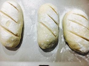 发酵好的全麦包。表面撒上少许干面粉，用利器快速划上口。