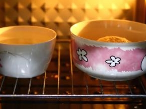 揉好的面图进入烤箱发酵程序40分钟,可以放一碗热开水,帮助发酵(因为没有糖,所以发酵会慢一些,时间也会相对长一些,)