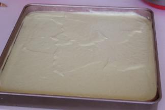 倒入烤盘，刮平表面，震出气泡