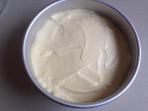 离8寸活底阳极蛋糕上方20CM左右的高度倒入蛋糕糊，在桌面上震两三下，震出里面的气泡