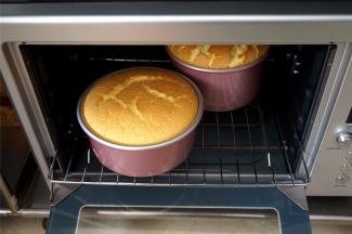 将蛋糕糊倒入6寸的戚风蛋糕模具中，震荡出大气泡，放入预热好的烤箱中下层，上火160度，下火150度，烤35~40分钟。