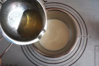 将50克热水加入到10克吉利丁粉中，然后隔热水融化，融化后倒入酸奶糊中，拌均匀。