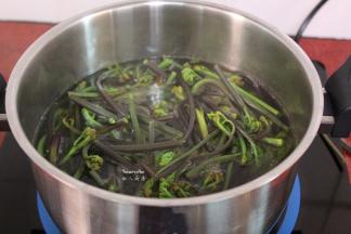 清水煮沸，放入洗净的蕨菜，汆烫，腊肠，过冰水；