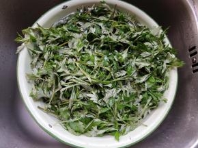 放在清水中浸泡，用手轻轻的揉洗三四遍用篮子捞出沥水。