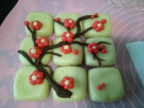 用可可面团做出树枝的造型，红色面团做梅花，白色面团做花蕊，最后组合起来（拍的步骤图不知怎么丢了，只能上成品图了）
同时预热烤箱180度