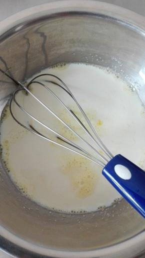 一个鸡蛋加20g细砂糖，用手抽打散即可，加入牛奶搅匀