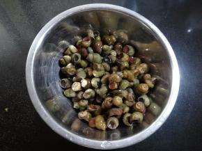 用流动的清水冲洗干净，要用手多搓洗几次。把螺蛳的尾部用钳子剪掉，这样是为了在吃的时候，方便将螺蛳肉吸出，在炒制的时候也容易入味。
