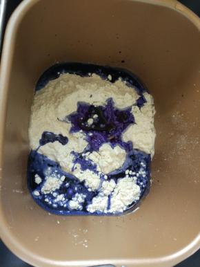 2.把除了盐和黄油以外的所有材料，全部放在面包机中，选择和面程序15分钟，蝶豆花水一定要凉透才能加进去，温度太高会杀死酵母