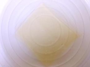 慕斯糊冷藏凝固后，再来做镜面层，取一片吉利丁片用冷水泡软