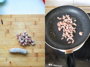 摇滚香肠从冰箱取出直接切小块，放少许油翻炒金黄即可。