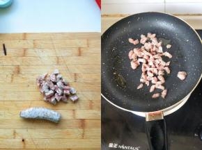 摇滚香肠从冰箱取出直接切小块，放少许油翻炒金黄即可。