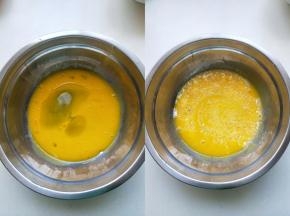 蛋黄用手动打蛋器打散，依次加入沙拉油和牛奶，每次都用手动打蛋器搅匀。