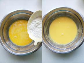将过筛的混合粉类到入蛋黄盆中，用手动打蛋器画圈搅拌，直至没有干面粉成光滑的面糊状。
