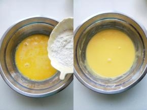 将过筛的混合粉类到入蛋黄盆中，用手动打蛋器画圈搅拌，直至没有干面粉成光滑的面糊状。