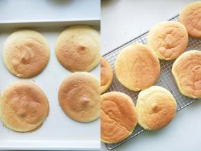 烤盘放入事先预热的烤箱中层，以170度上下火烘烤12分钟。用刮刀将蛋糕葱烤盘上刮下来。放在凉网。