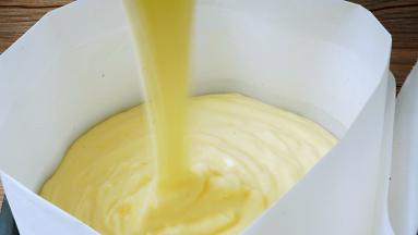 烤箱170度提前十分钟预热，将蛋糕模具用油纸围城一个圆圈，垂直倒入蛋糕糊，轻轻震动，排出大的气泡