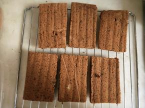 入预热好的烤箱中层170度烤25分钟左右。出炉晾凉后切成六小块。(和盒子底部大小一样大。)