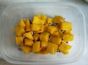 放入一层芒果块。
