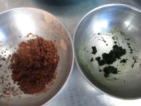 可可粉加5克水和均匀，抹茶粉加3克水和均匀