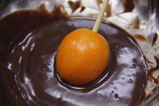 巧克力完全融化后把水果放入巧克力中转圈,裹一层上巧克力。