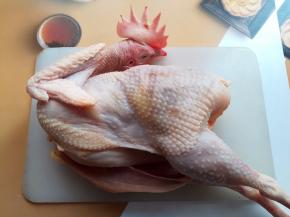 孩子说想吃烤鸡，于是我就用刚入手的黑乐砂锅试了一次砂锅版的烤窑鸡。一只3斤左右的活鸡，杀好、清理干净后不超过2.5斤，去掉内脏，放到砂锅里烤，正合适。