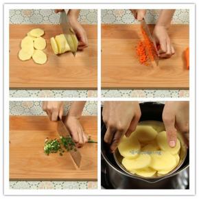 胡萝卜去皮，先切成长条，然后切成丁，越细越好。葱洗干净后切成葱花备用。土豆去皮（发芽的土豆不能食用，容易中毒），切成厚度均匀的土豆片。锅里加入适量的水，放入土豆片。