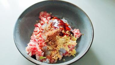 肉糜中放入葱，姜，虾肉，蚝油，香油，胡椒粉，生抽，盐1克混合。