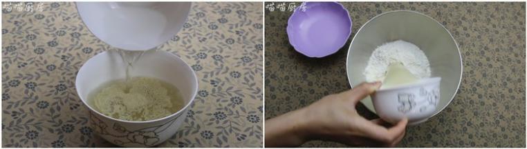 2.用温水溶解酵母粉，避免酵母粉在面粉中混合不均匀，影响面团的醒发，溶解后的酵母水倒入面粉中。