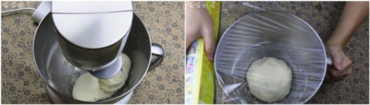 3.用厨师机揉成光滑的面团，大概20分钟，面团上筋，把揉好的面团盖上保鲜膜，夏天的话常温中发酵，冬天可以放入烤箱发酵。