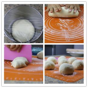 4.大概两个小时后，面团发酵到2-2.5倍，取出发酵好的面团揉几下，排出空气；将面团分成均匀的小面团，搓圆，放置醒发１０分钟左右。