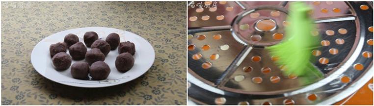 5.豆沙搓成约20克一个的圆形小球；蒸架刷一层油，放一旁备用。