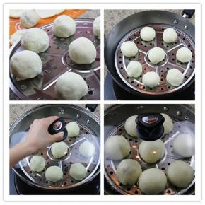 7.包好的包子放在蒸架上，每个包子之间留一定的间隔，再次醒十到十五分钟；冷水入锅，放入面包胚，盖上盖子，水开后继续蒸15分钟（这里蒸的时间看个人做的包子大小来决定）。15分钟后关火，焖5分钟再开盖，避免豆沙包遇冷回缩。