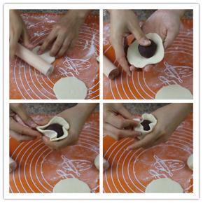 6.醒发好的面团分成若干个30克左右的小面团，擀成中间厚边缘薄的圆皮，将豆沙馅置于面皮中间，包成圆形包子状，用拇指固定住一端，食指跟中指不停的把面皮往上叠，收口朝下 ，这样才能让包子的正面保持光滑。