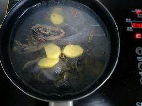 锅里放水放姜片乌鸡煮开