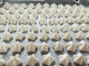 在烤盘上挤出花纹，我用的是三能五齿裱花嘴。入预热好的烤箱90度烤1小时。