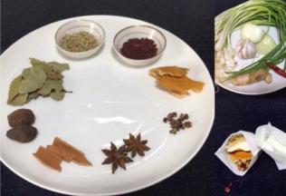 准备好调料：香叶2片、草果2个、桂皮2小块、八角2个、花椒10粒、陈皮2片、小茴1勺、小香葱150g、姜20g、蒜5粒、洋葱20g、姜、干辣椒1个。把花椒、小茴、蒜、洋葱放入料包里 蒜不用包皮、洋葱切任意形状。