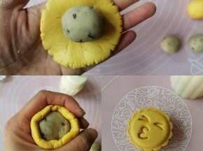 按照一样的方法包好豆沙，装入饼模印出表情花纹