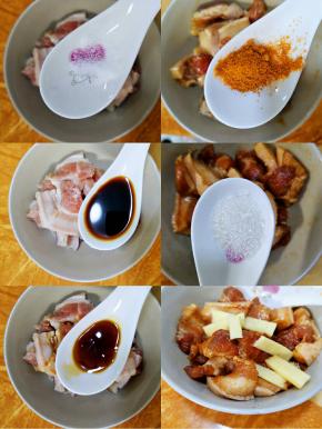 放入白砂糖，蚝油。酱油，辣椒粉。姜丝，盐搅拌均匀