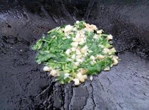 锅里倒剩一点油放入蒜头和香菜煎一下