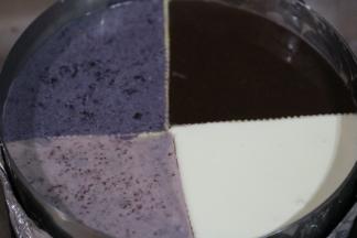 分别倒入四个小方格内。冷藏一晚。第二天用电吹风沿着四周5-6圈即可脱模。表面装饰随意。