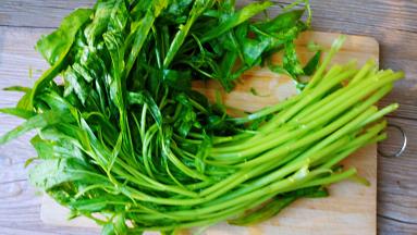 空心菜冲洗干净，淡盐水浸泡十五分钟，再次冲洗干净，控水