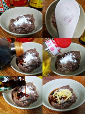 猪肝放入适量的花生油，酱油，生粉，盐，姜丝，蚝油