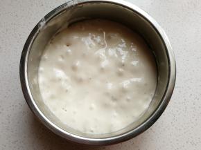 波兰种材料混合均匀，盖保鲜膜放冰箱冷藏发酵或室温发酵，发酵至表面有好多气泡状态，撕开表面内部会有好大的蜂窝网状组织，即波兰种发酵完成