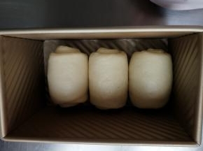 松弛好的面团在擀长然后卷起，放入吐司盒，收口向下。放入发酵箱38度45分钟，没有发酵箱的宝宝放入烤箱同时放一杯开水