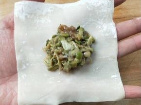 把槐花牛肉馅放馄饨皮中间。