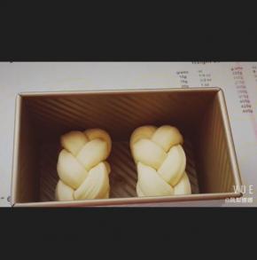 将编好的辫子，反面对折，收口在底部。放入吐司盒中。进行发酵。温度不可超过28度。发酵到吐司盒9分满。