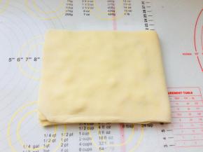 掀起右侧的三分之一片面，向左折，盖住之前放置的葡萄干。轻轻按压，完成一次三折。包裹保鲜膜，放入冰箱冷冻15到20分钟。