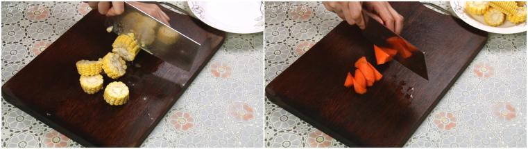 玉米切成小段，胡萝卜去皮后切滚刀状（备注：成品图中的胡萝卜是用模具摁出来的图案，也在此步骤进行，至于图片，大家脑补一下哈）